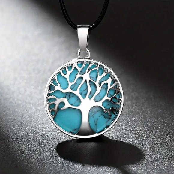 Turquoise Natural Gemstone Tree Of Life Round Pendant Gemstone Necklace - Picture 2 of 2